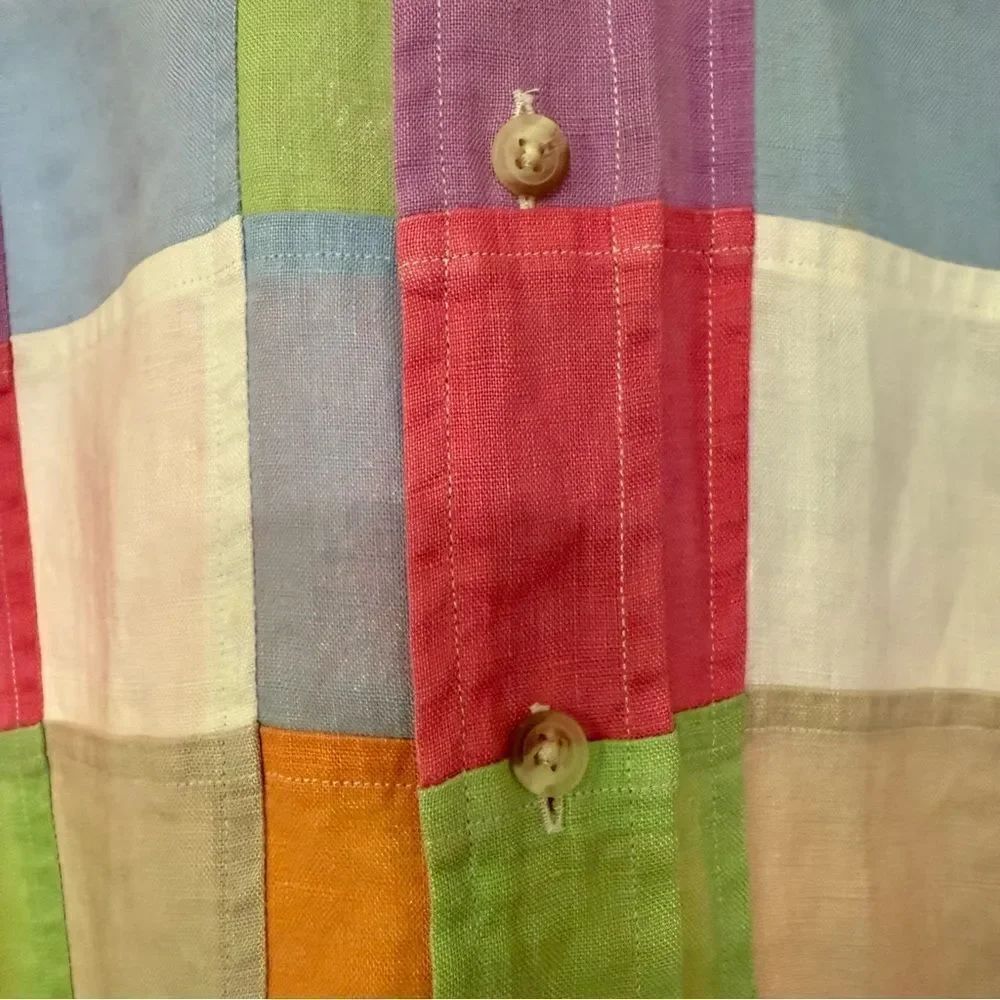 Paul Fredrick 100% Linen Bright Pastel Patchwork Button Down Shirt - Picture 3 of 8